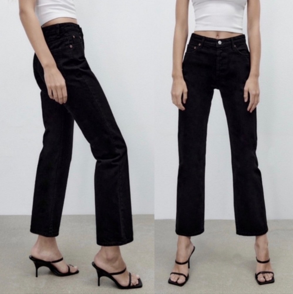 ZARA Straight Leg Button Fly High Rise Ankle Black Jeans NWT Size 4